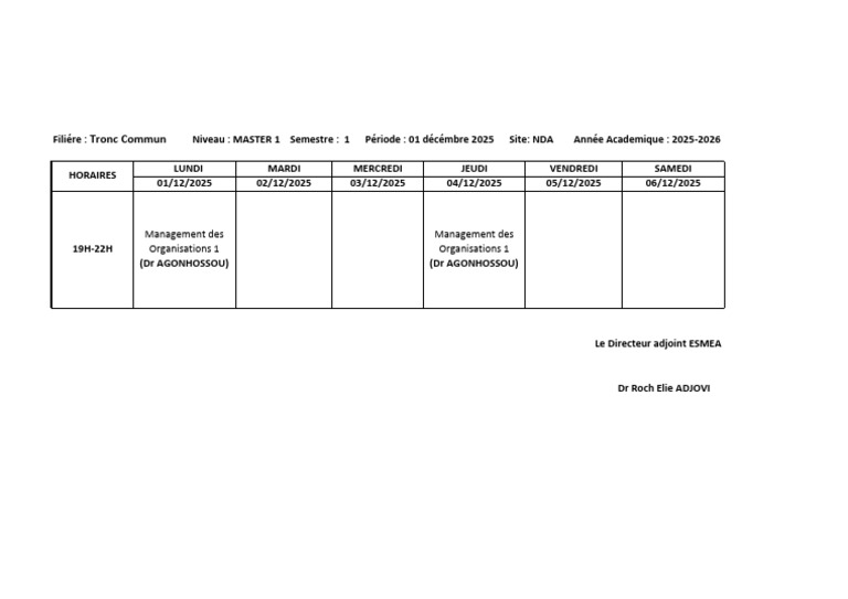 Emploi du temps Master 1 ESMEA 2025-2026 | PDF