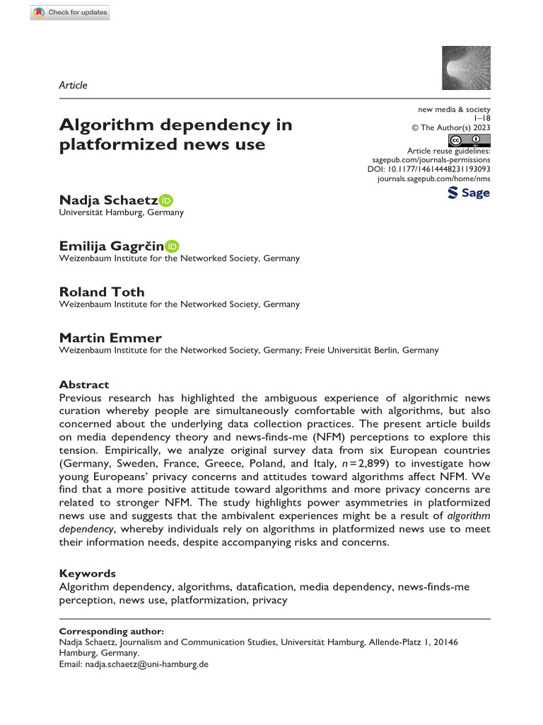 Schaetz Et Al 2023 Algorithm Dependency in Platformized News Use | PDF ...