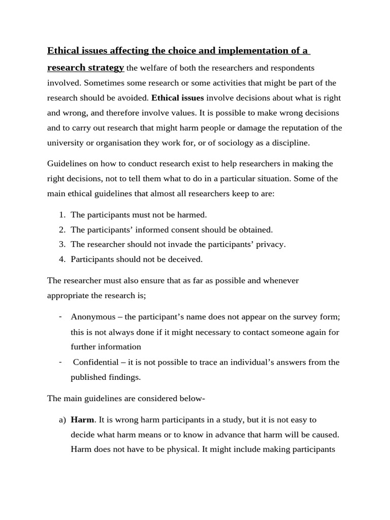Ethical Issues Affecting The Choice and Implementation of A Research ...