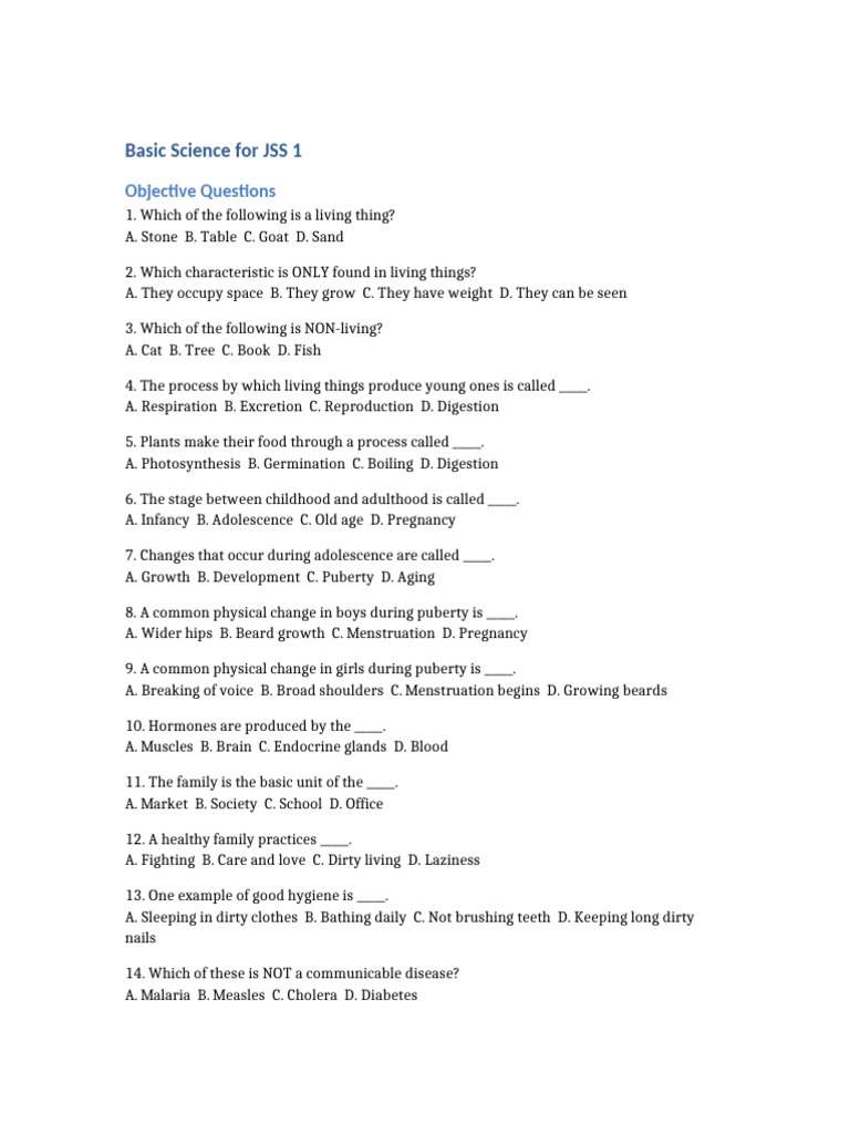 Basic Science Quiz for JSS 1 Students | PDF | Reproductive System | Biology