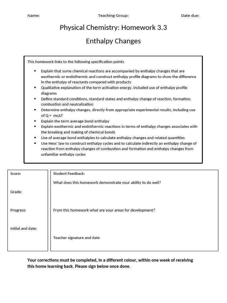 Enthalpy Changes Homework 3.3 | PDF | Enthalpy | Scientific Phenomena