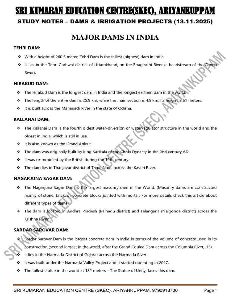 SKEC Study Notes - Dams & Irrigation Projects | PDF