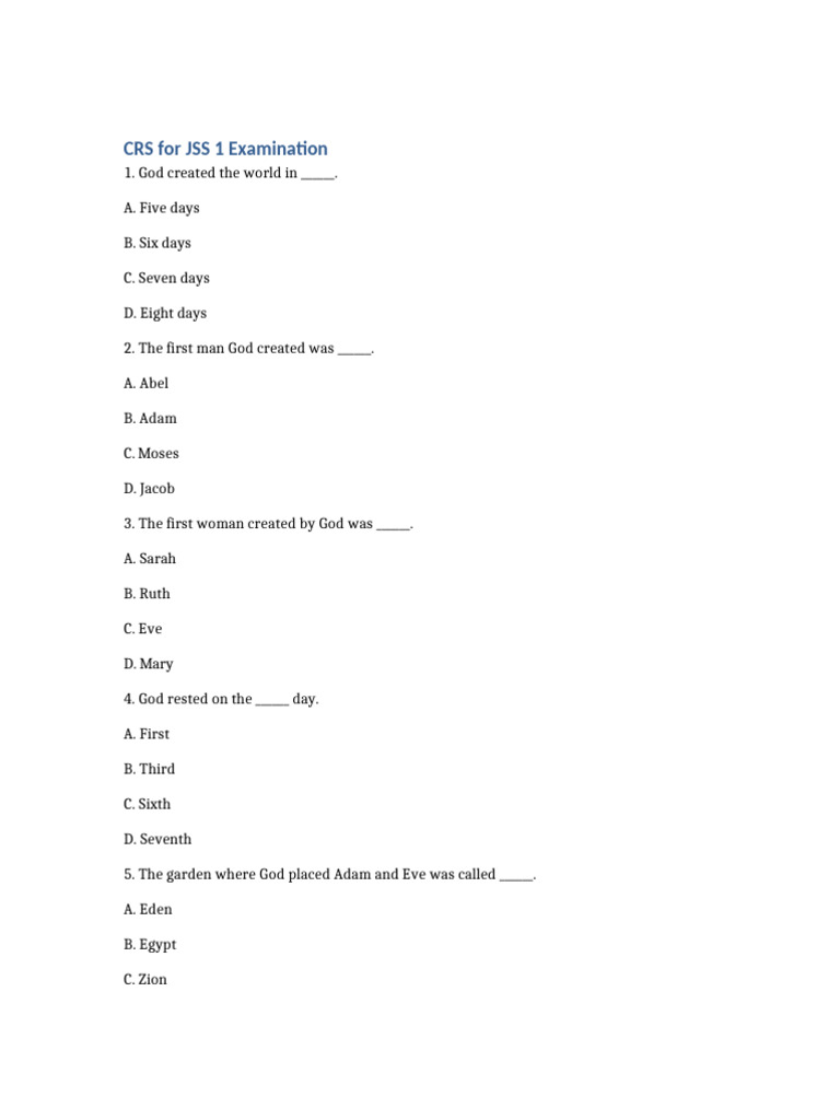 JSS 1 CRS Exam Questions and Answers | PDF | Cain And Abel | Adam