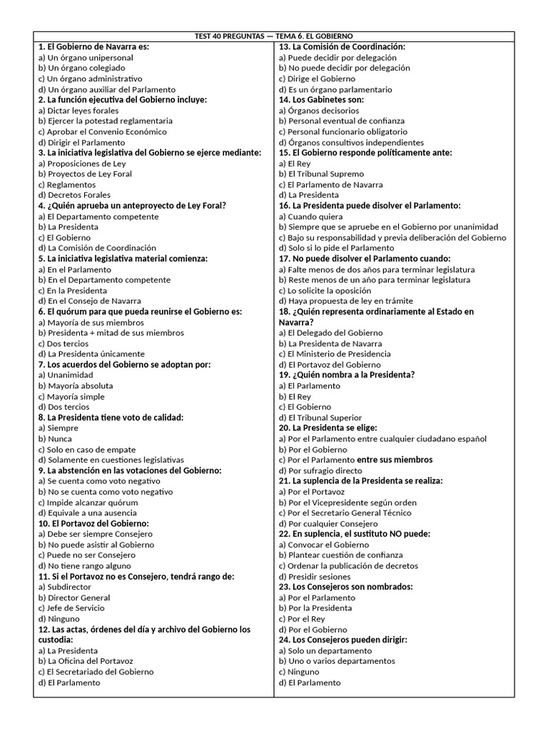Test de Gobierno de Navarra: 40 Preguntas | PDF | Regulación | Parlamento