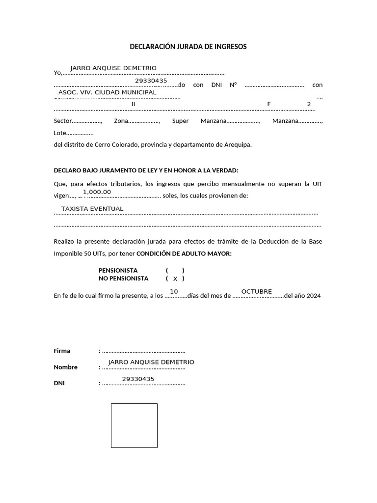 Declaración Jurada de Ingresos 2024 | PDF