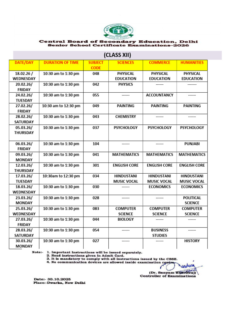 Class XII Exam Schedule 2026 | PDF