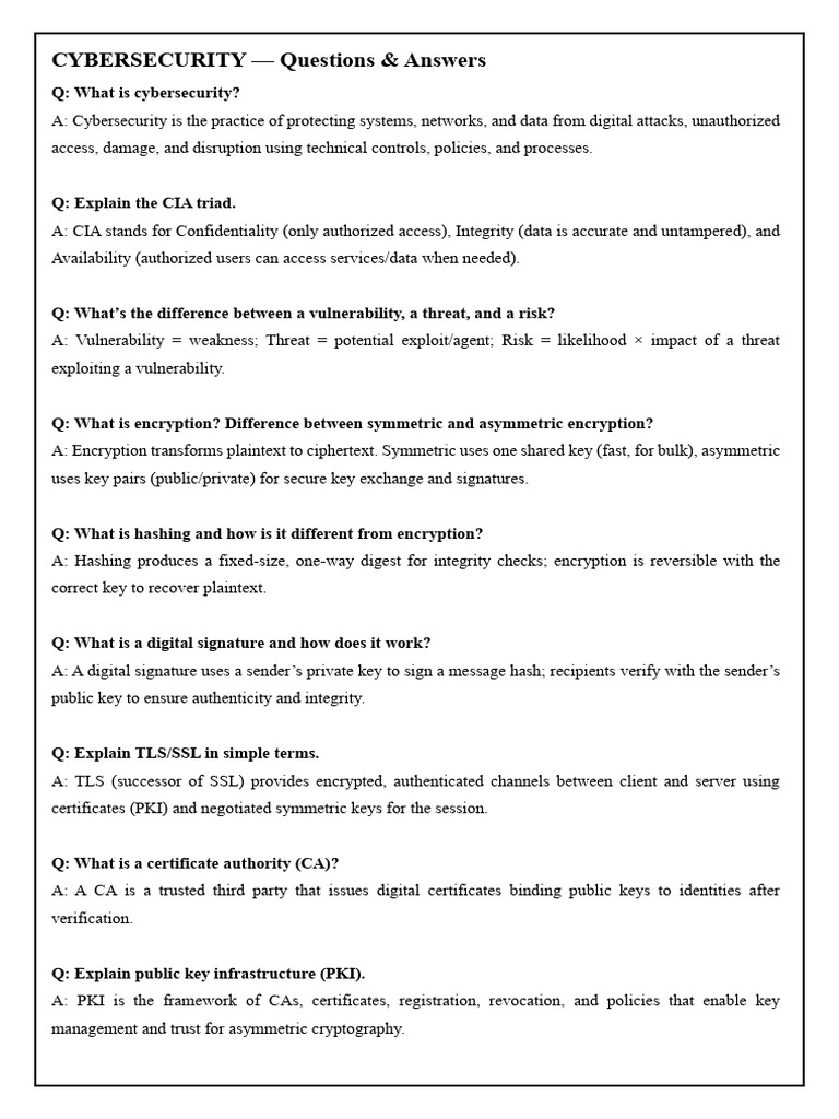 Cybersecurity Q&A: Key Concepts Explained | PDF | Public Key ...