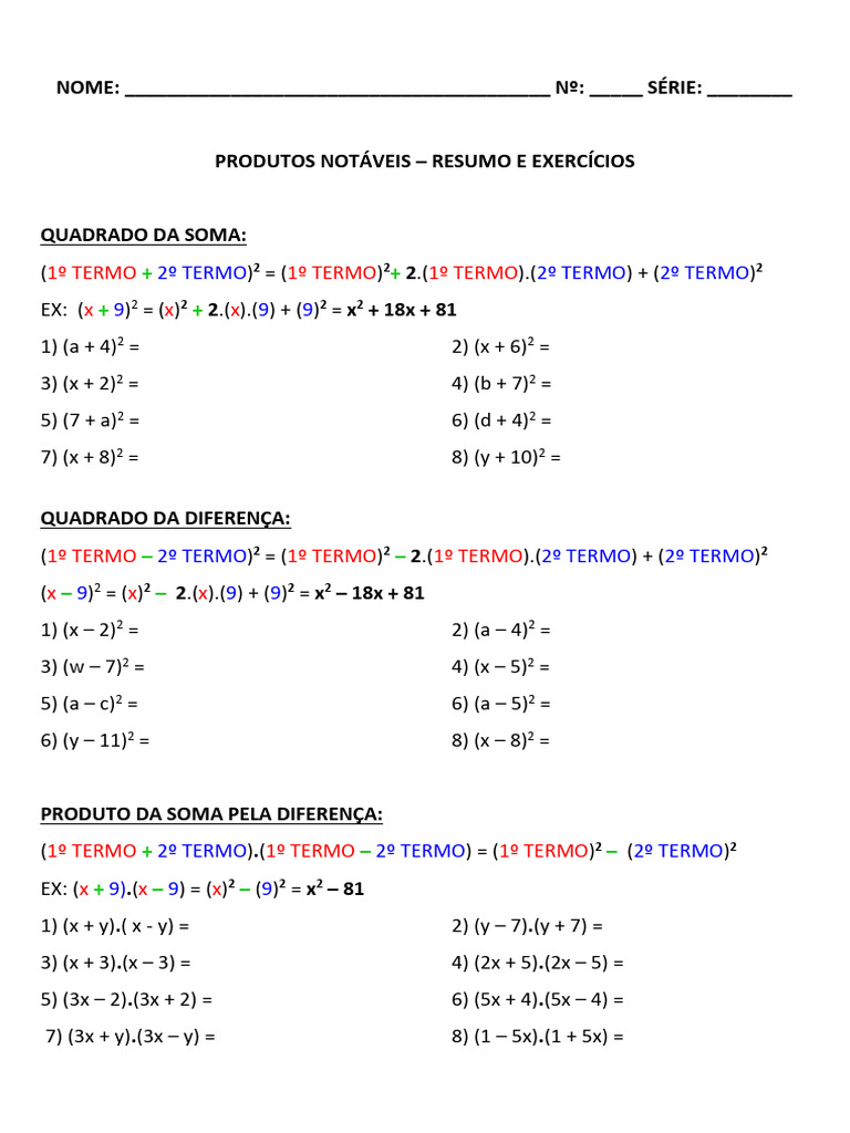 Produtos Notáveis: Resumo e Exercícios | PDF