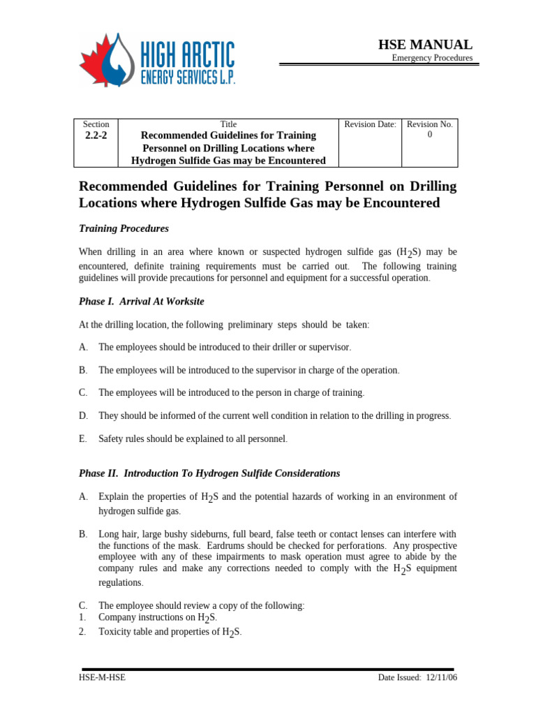 H2S Safety Training Guidelines for Drilling | PDF