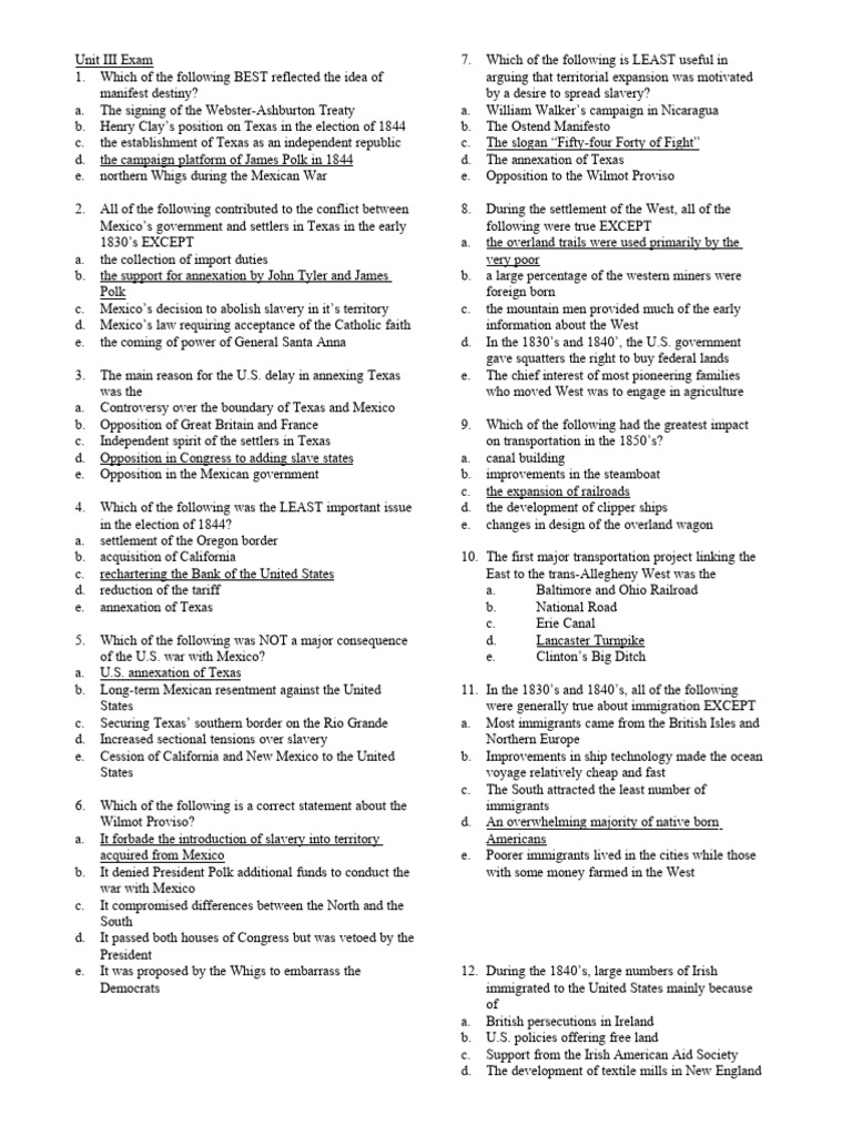 AP U S Unit 3 Exam Answers | PDF | Andrew Jackson | Whig Party (United ...