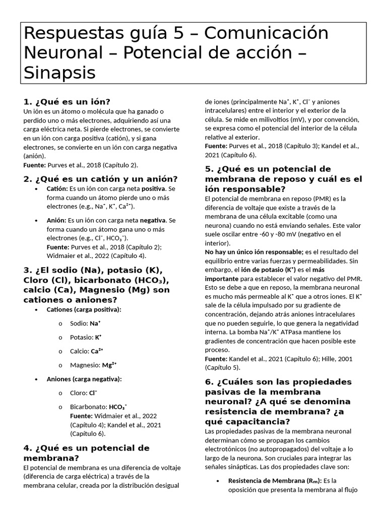 Iones y Potencial de Membrana Neuronal | PDF | Sinapsis | Potencial de ...