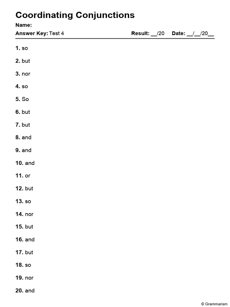 Grammarism Coordinating Conjunctions Test 4 Answers 2698065 | PDF