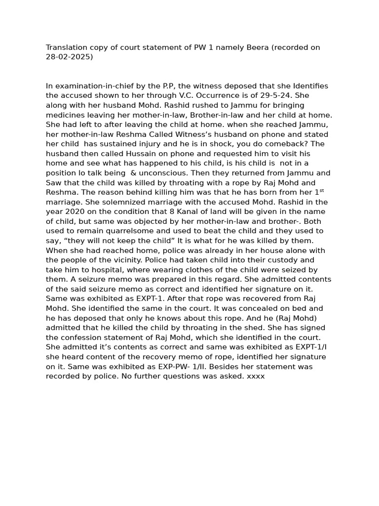 Court Testimony of Beera on Child Murder | PDF
