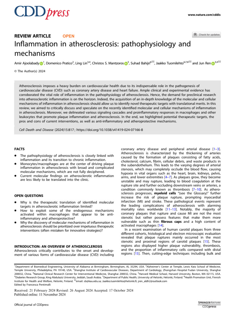 Inflammation Mechanisms in Atherosclerosis | PDF | Atherosclerosis ...