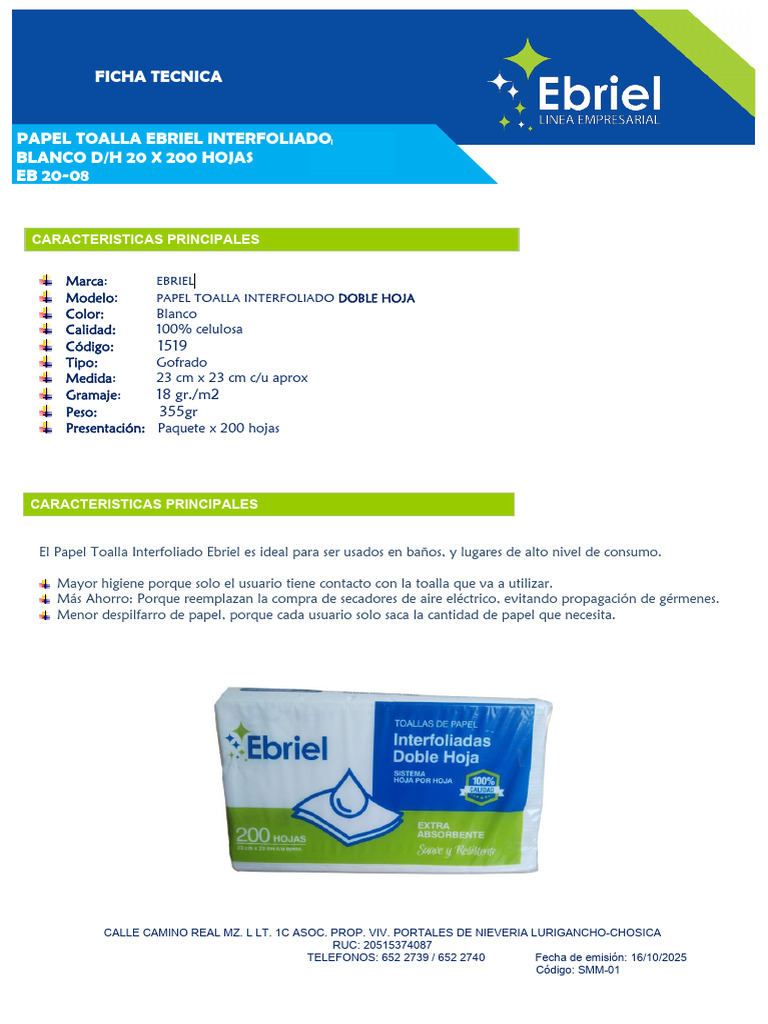 Papel Toalla Interfoliado Ebriel 200 Hojas | PDF