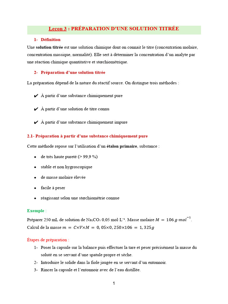 Préparation de solutions titrées en chimie | PDF | Stœchiométrie ...