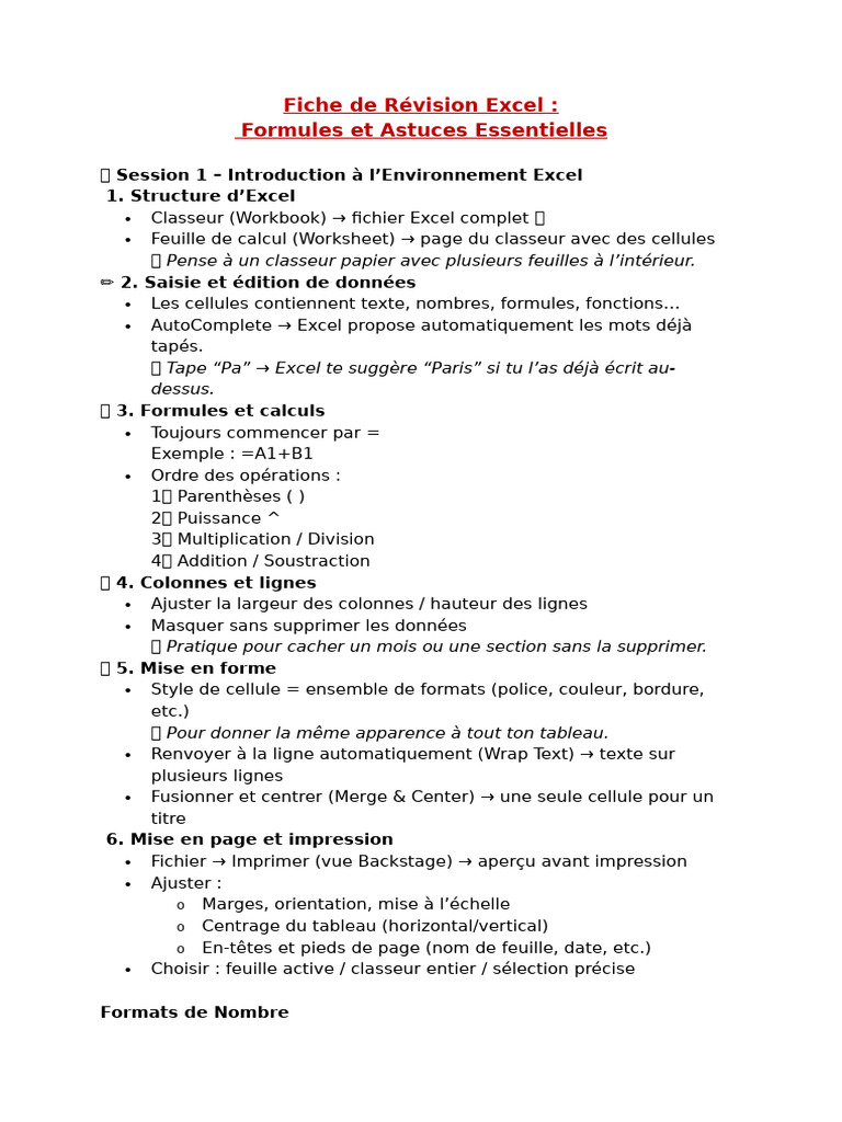 Révision Excel : Formules et Astuces | PDF | Microsoft Excel ...
