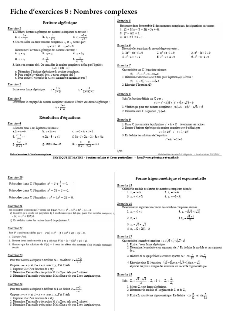 62 Exercices Nombres Complexes Terminale | PDF | Nombre complexe ...