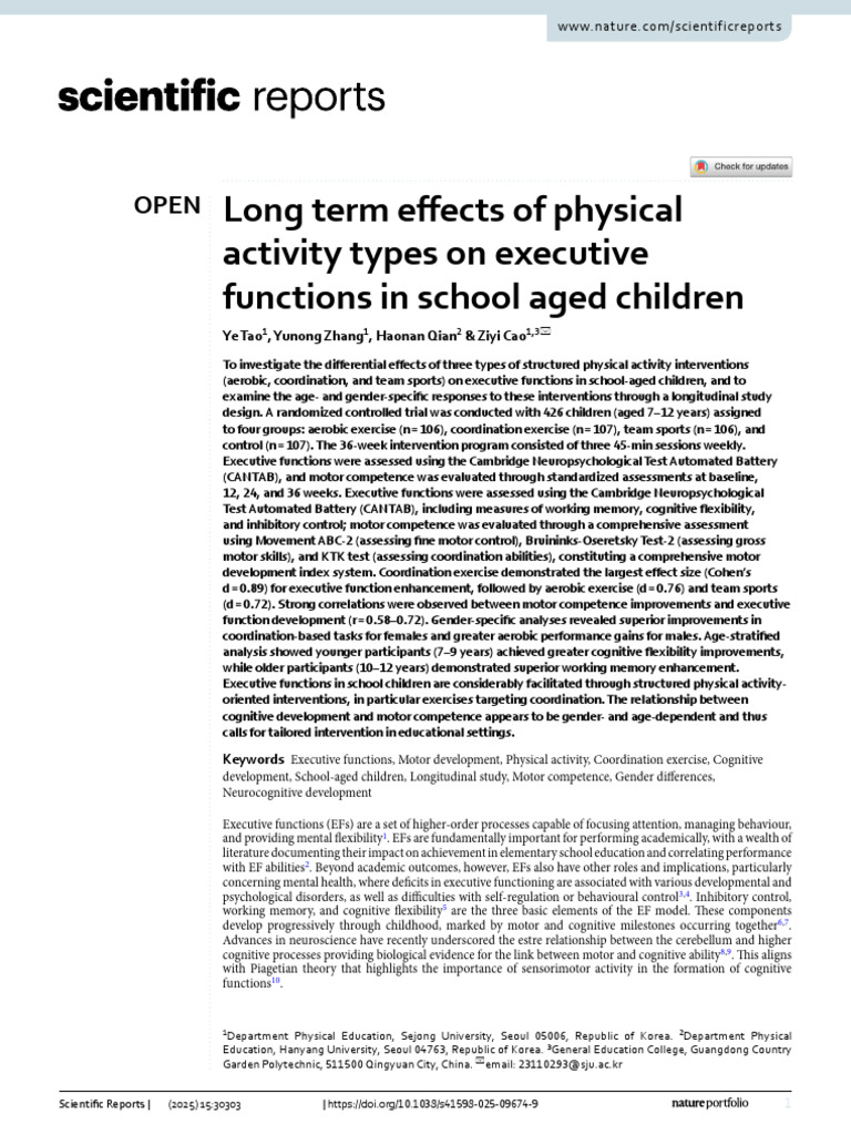 Long Term Effects of Physical Activity Types On Executive Functions in ...