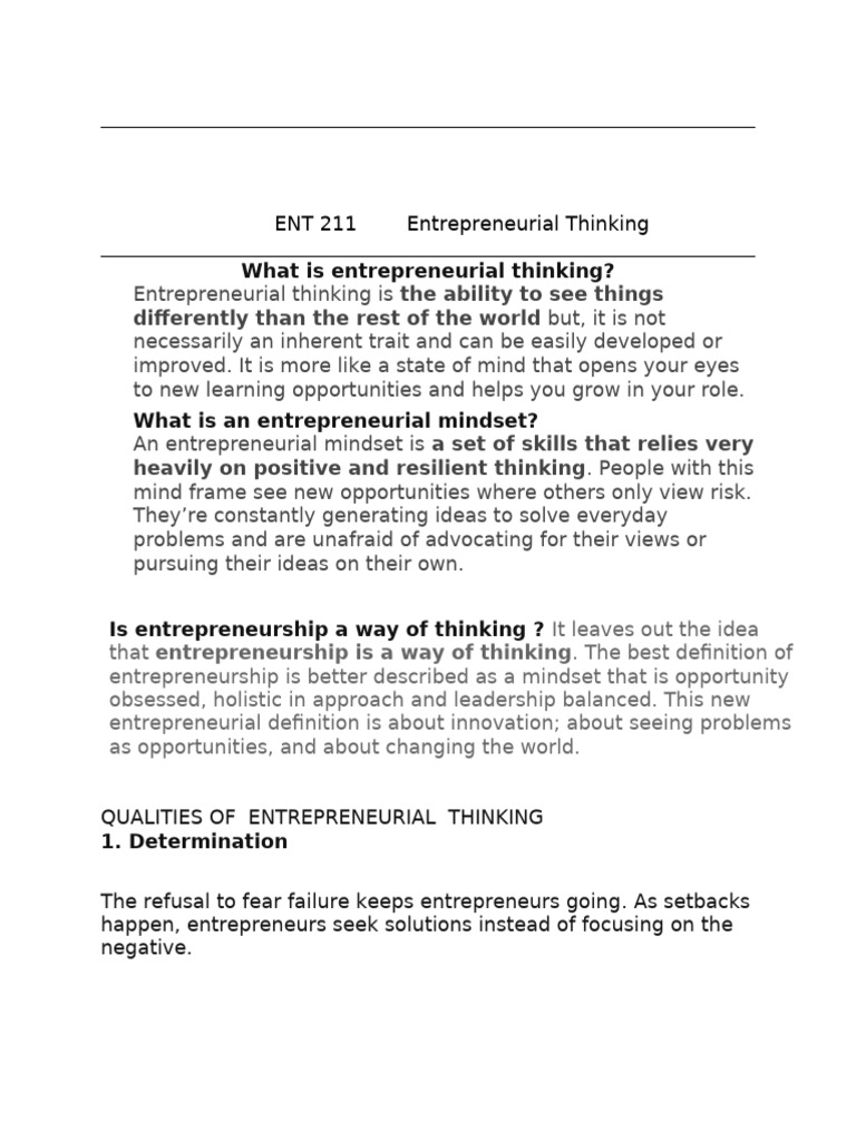 Entrepreneurial Thinking Definition ENT 211 12 11 25 | PDF ...
