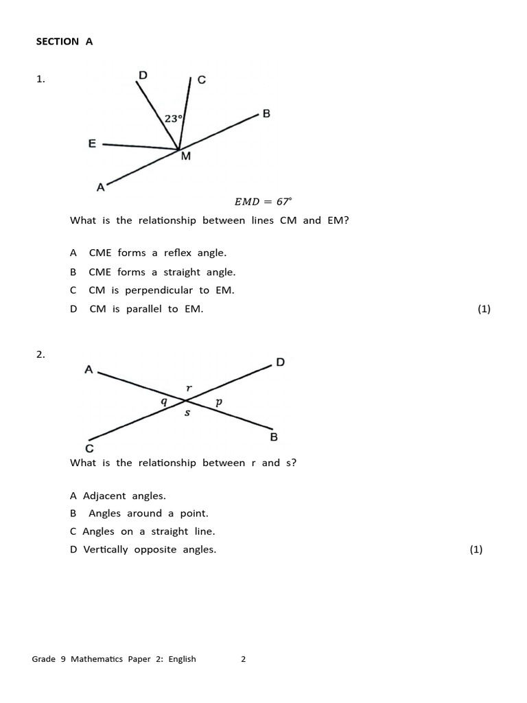 Grade 9 Math Exam: Geometry & Angles | PDF | Area | Volume