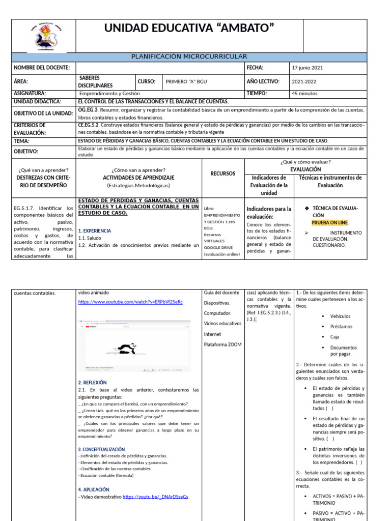 Plan de Clase Demostrativa Juliana | PDF | Contabilidad | Estado financiero