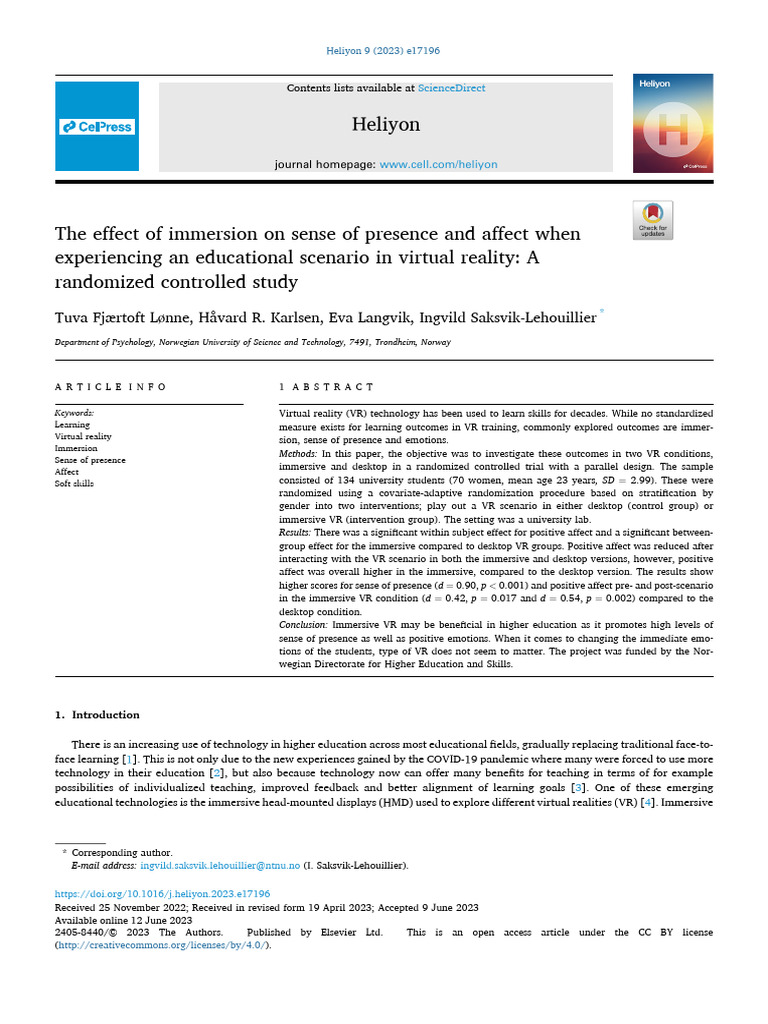 The Effect of Immersion On Sense of Presence and Affect When | PDF ...