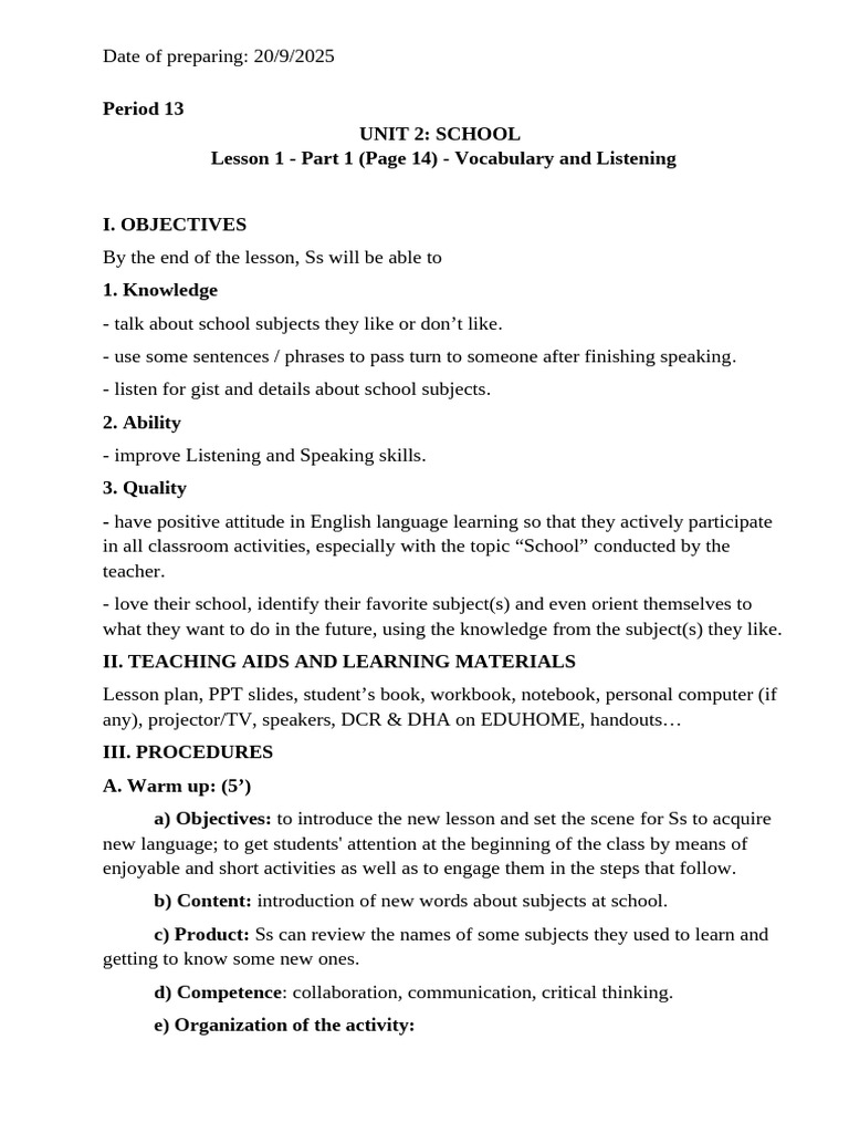 School Subjects Vocabulary and Listening | PDF | Subject (Grammar ...