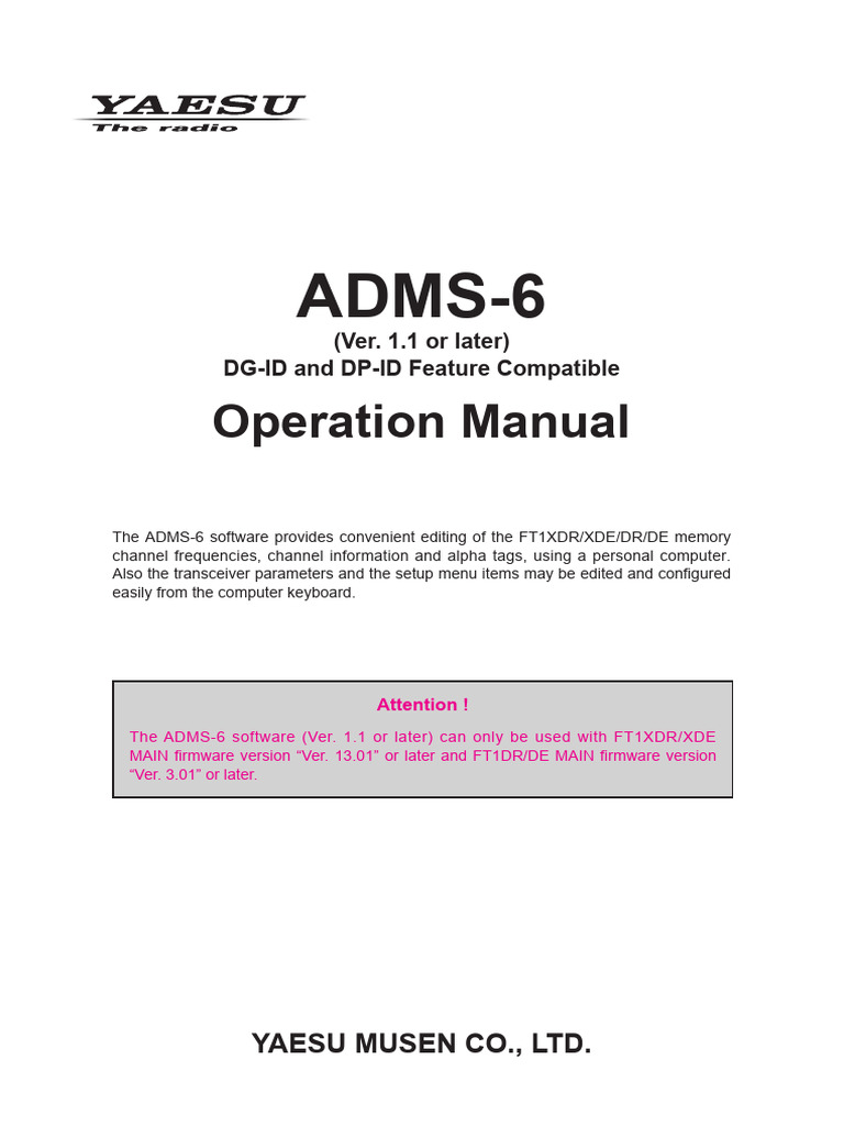 ADMS-6 Operation Manual for FT1XDR/XDE | PDF | Operating System | Radio