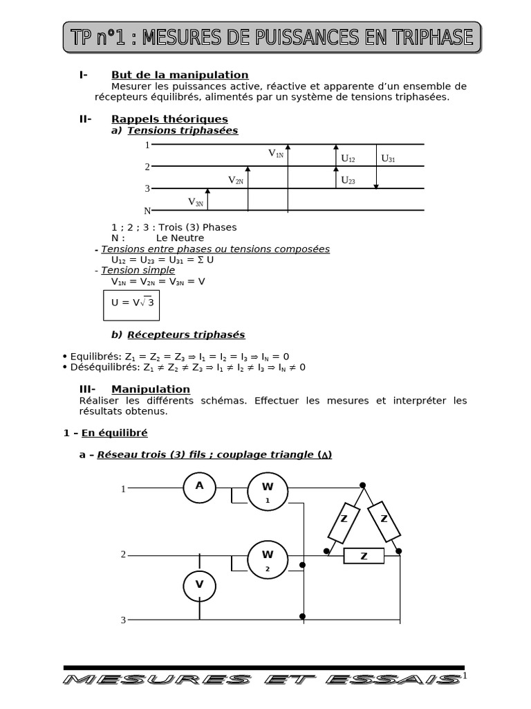 Mesure des puissances en triphasé PDF Transformateur électrique — free download