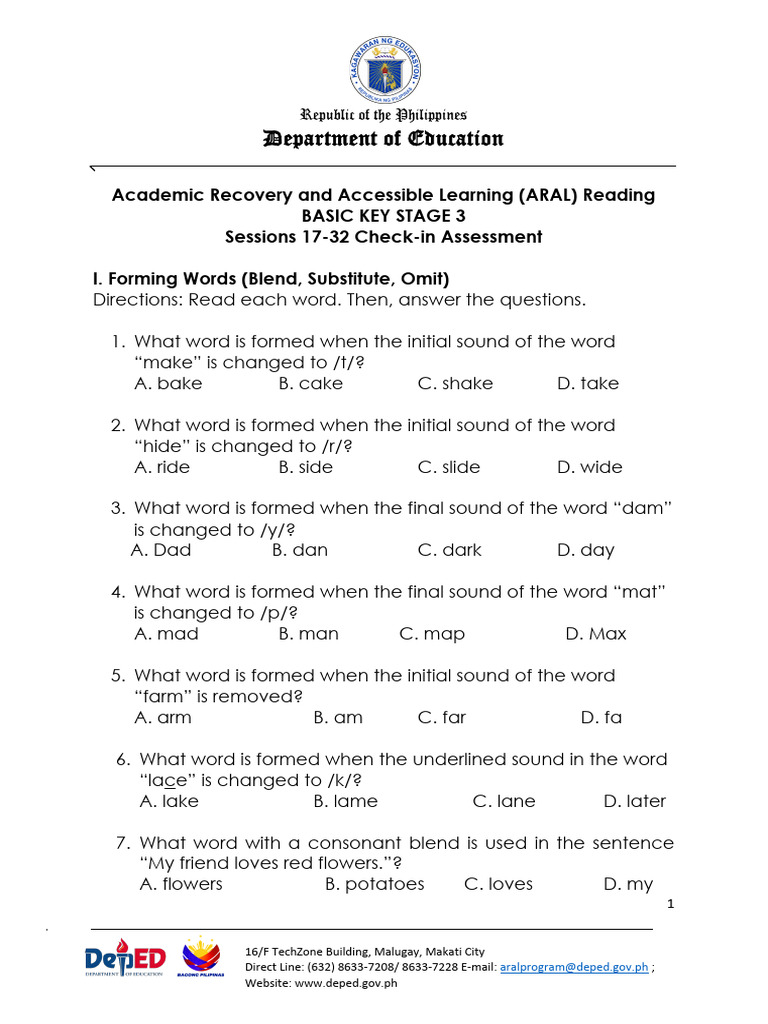 (FINAL) ARAL-Reading Basic KS 3 Check-In Assessment - Sessions 17-32 | PDF