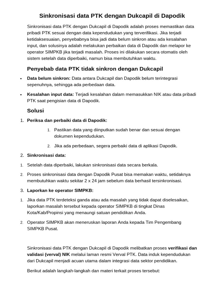 Sinkronisasi Data PTK dan Dukcapil Dapodik | PDF
