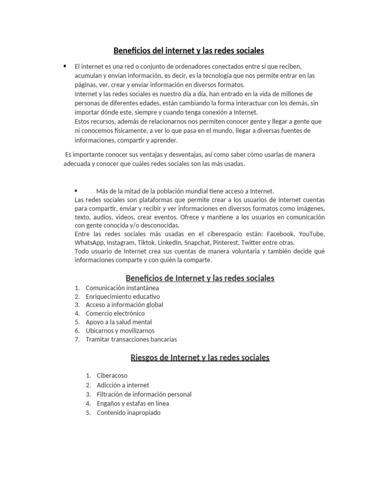 Beneficios y riesgos de Internet y redes sociales | PDF | Acoso ...