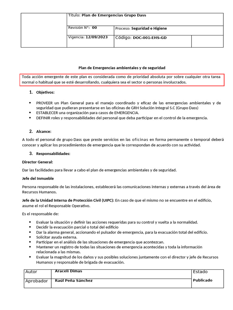 Plan de Emergencias Grupo Dass EHS | PDF | Defensa Civil | Primeros ...