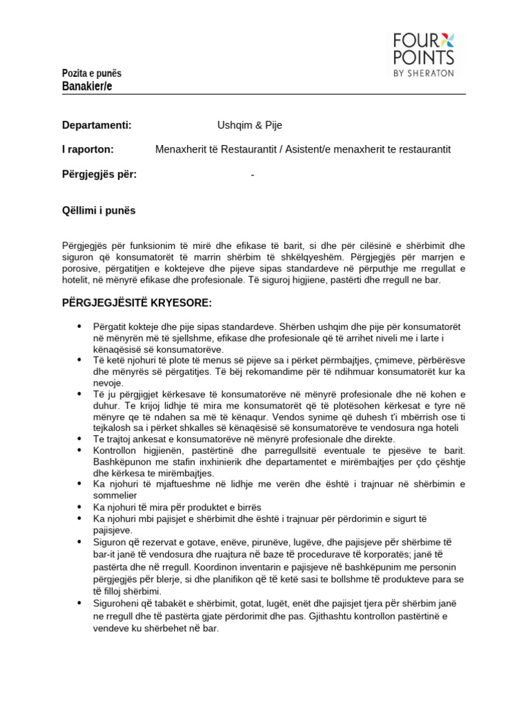 Banakier/e: Ushqim & Pije Menaxherit Të Restaurantit / Asistent/e ...