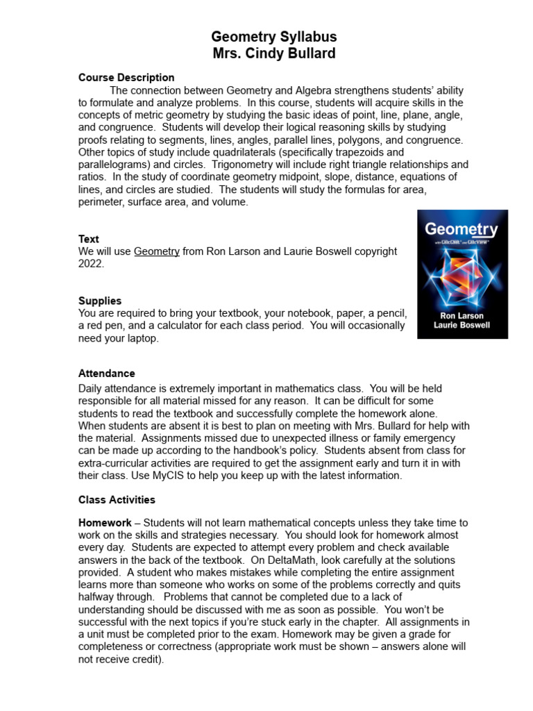 Geometry Course Syllabus Overview | PDF | Geometry | Area