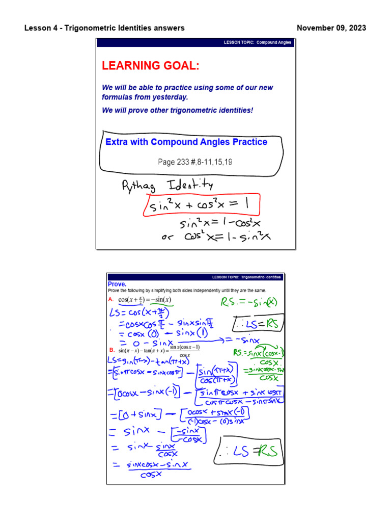 Lesson 4 - Trigonometric Identities Answers | PDF
