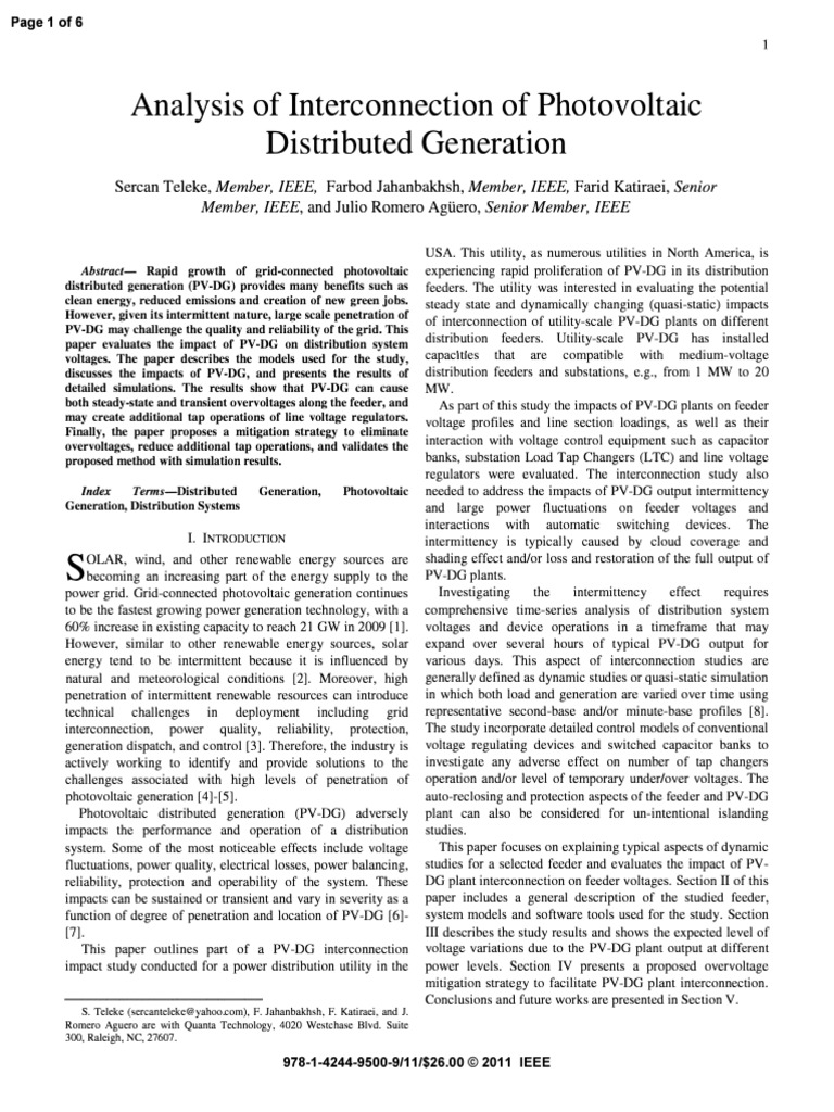 Analysis of Interconnection of Photovoltaic Distributed Generation ...