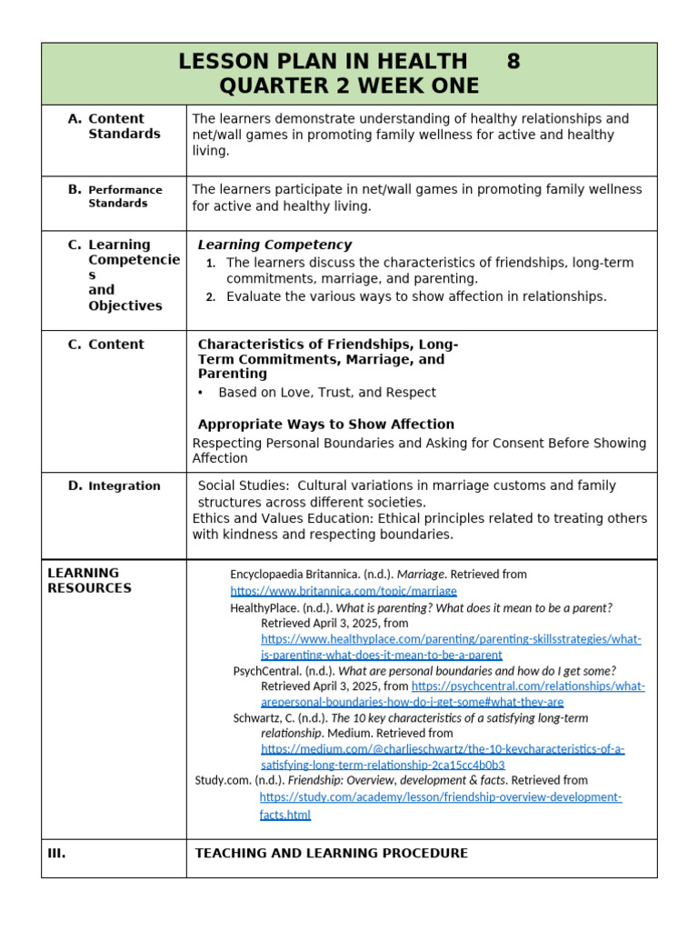 Healthy Relationships Lesson Plan | PDF | Friendship | Psychology