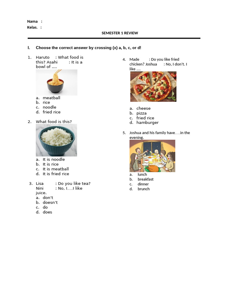 Semester 1 English Review Quiz | PDF | Western Cuisine | Food And Drink ...