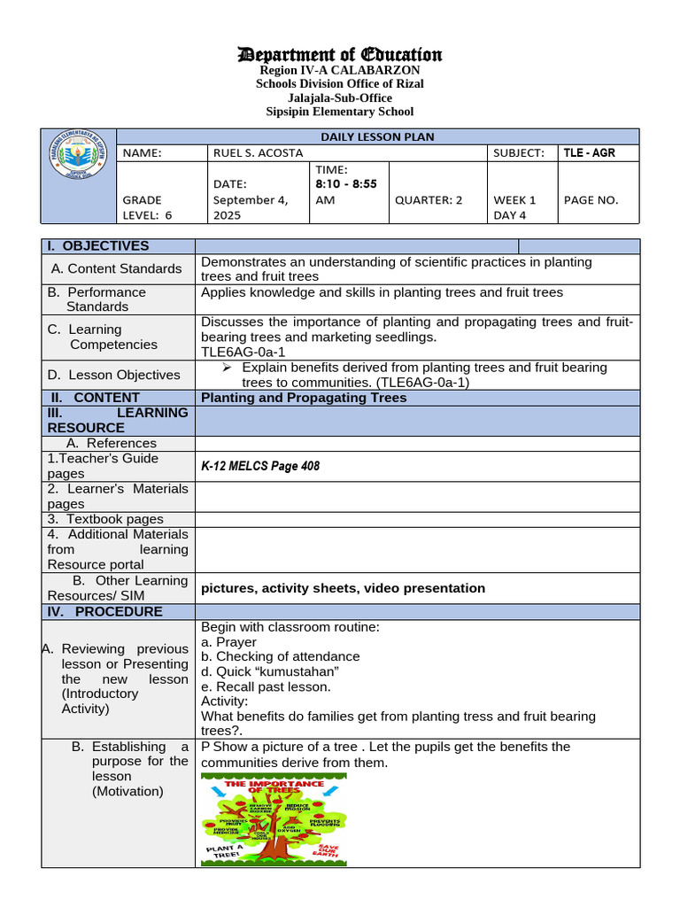 Grade 6 TLE Lesson Plan: Tree Planting | PDF | Learning | Trees