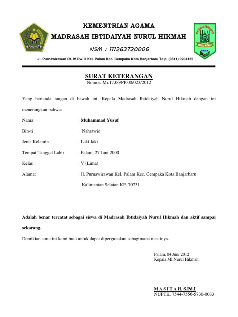 Surat Keterangan Masih Aktif Sebagai Siswa Mathlaul Anwar Cemplang menerangkan.