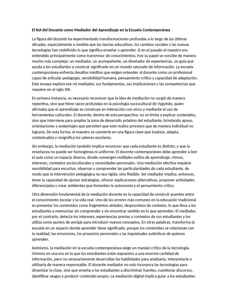 Mediación Docente en la Educación Actual | PDF | Maestros | Aprendizaje