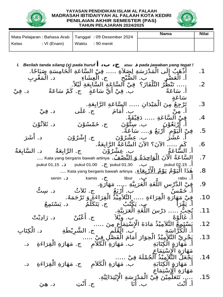 Soal Pas Ganjil 24-25 B.arab Vi | PDF