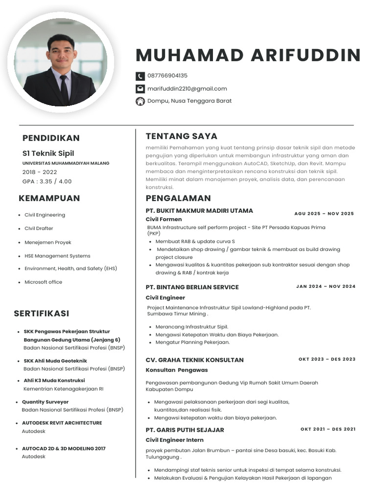Profil Civil Engineer Muhamad Arifuddin | PDF
