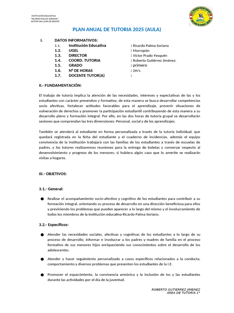 Plan Anual de Tutoria 2025 1° Año | PDF | Ciencias del comportamiento ...