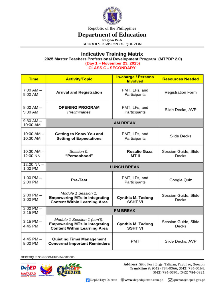 2025 Master Teachers Training Schedule | PDF | Intelligence | Learning