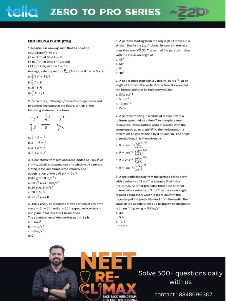 Motion in A Plane Pyq Neet 2026 | PDF