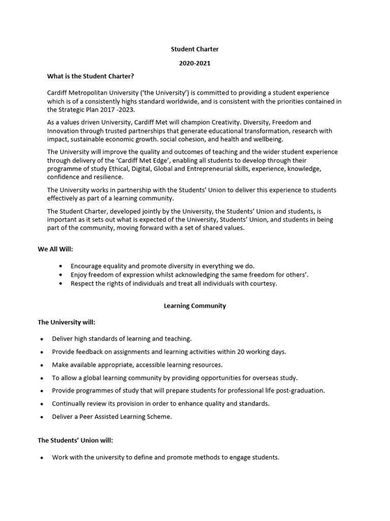 Cardiff Met Student Charter 2020-2021 | PDF | Learning