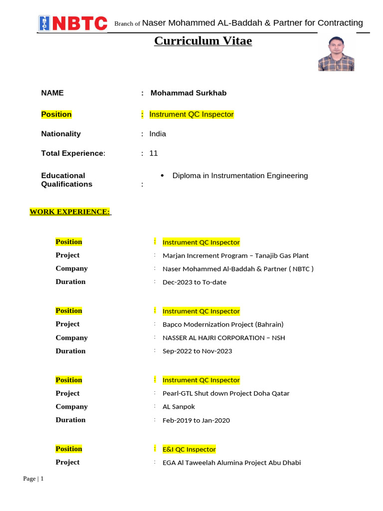 Mohammad Surkhab - CV - Instrument QC Inspector | PDF | Electrical Wiring